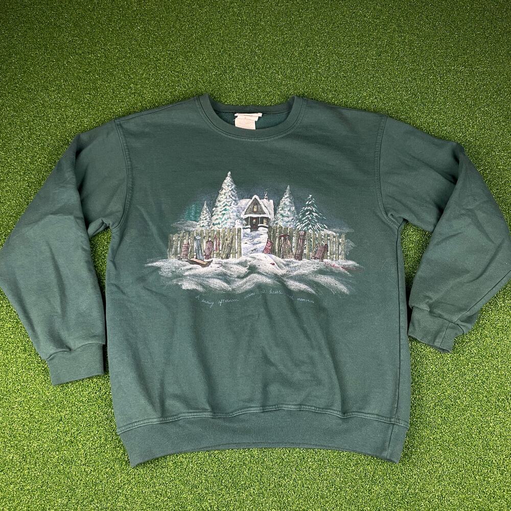 Vintage Northern Reflections Green Winter Snow Cabin Grandma Sweatshirt Sz S